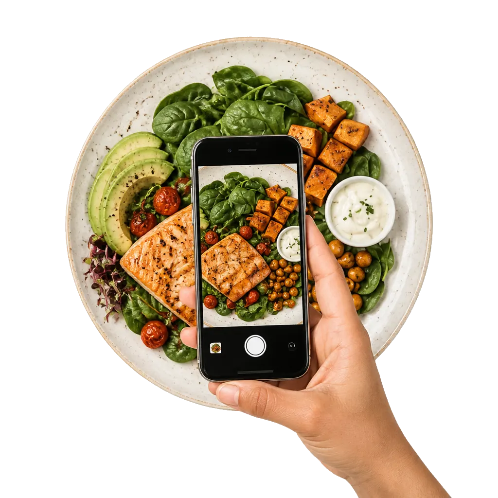 Logging a colourful salmon bowl with the BiteSmart app