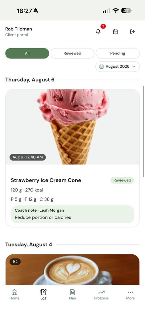 Food log screen with reviewed meals and a coach note