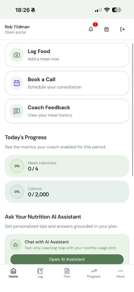 Home screen showing quick actions and today's progress