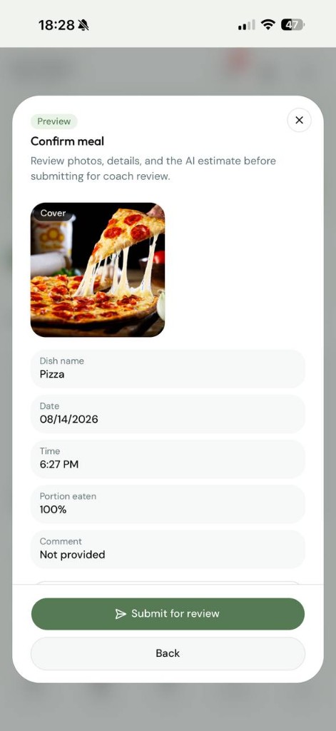 Confirm meal screen with photo, dish details and submit button