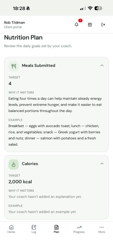 Nutrition plan screen showing daily goals set by the coach